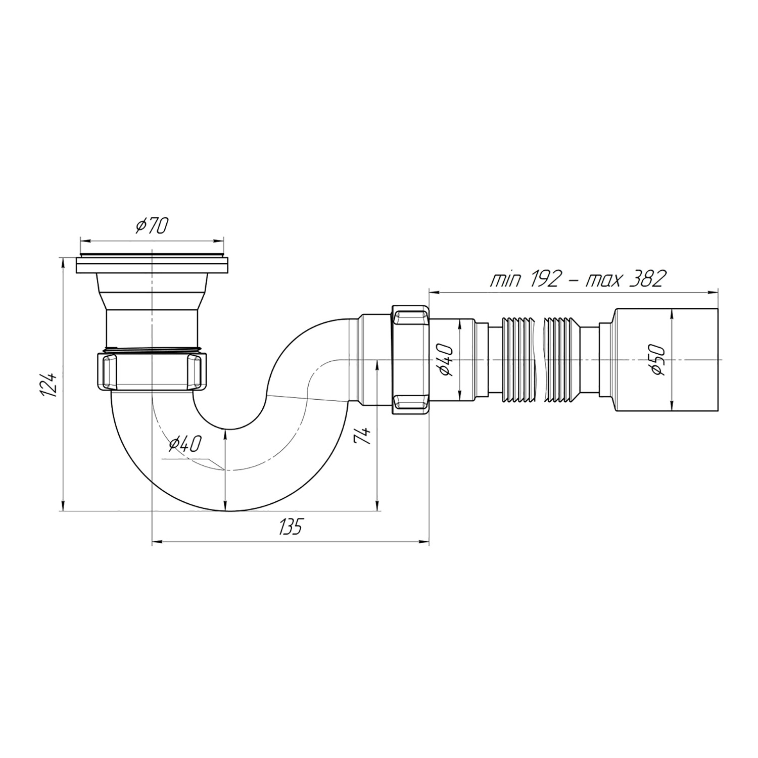Сифон для душевого поддона 1 1/2"*40 с гибкой трубой 40x50 АНИ E115 *1/45