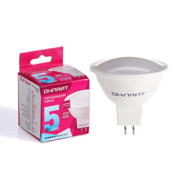 Лампа светодиодная ОНЛАЙТ, GU5.3, рефлектор MR16, 5 Вт, 375 Лм, 4000 К, нейтральный белый