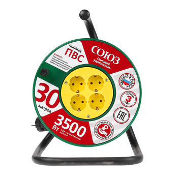 Удлинитель 4 розетки 30м с/з КАТУШКА ПВС 3*1мм2 16А мощ.нагр 3500Вт Союз 481S-3503 *1 Удлинитель 4 розетки 30м с/з КАТУШКА ПВС 3*1мм2 16А мощ.нагр 3500Вт Союз 481S-3503 *1