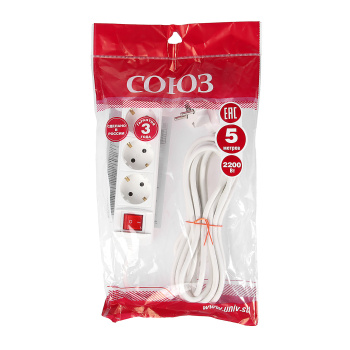 Удлинитель 3 розетки 5м с/з выкл ПВС 3*0,75мм2 10А мощ.нагр 2200Вт Союз 481S-7305 *1/40 Удлинитель 3 розетки 5м с/з выкл ПВС 3*0,75мм2 10А мощ.нагр 2200Вт Союз 481S-7305 *1/40