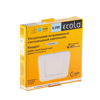Светильник встраив. Ecola Квадрат даунлайт с драйвером 6W 6.5K 120*120*20 DSRD60ELC *10/40