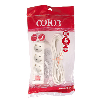 Удлинитель бытовой Союз 481S-7303, 3 розетки, 3 м, ПВС 3х0.75 мм², 2200 Вт, заземление, выключатель Удлинитель бытовой Союз 481S-7303, 3 розетки, 3 м, ПВС 3х0.75 мм², 2200 Вт, заземление, выключатель