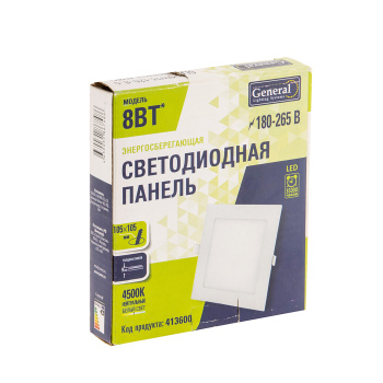 Светильник встраиваемый светодиодн. GENERAL 8W 396Лм 4.5K (118*118*16) GLP-SW13 413600 *1/100